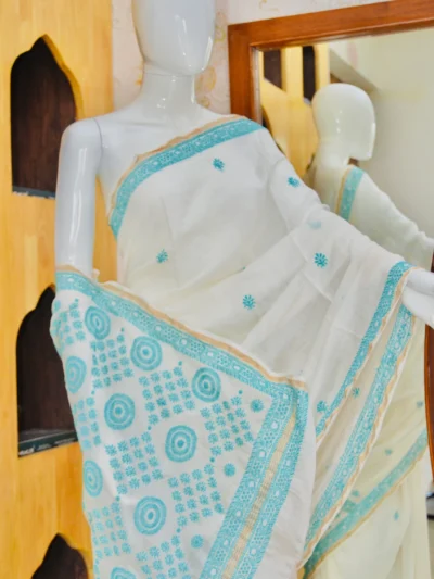 Chanderi Saree White & Ocean Blue