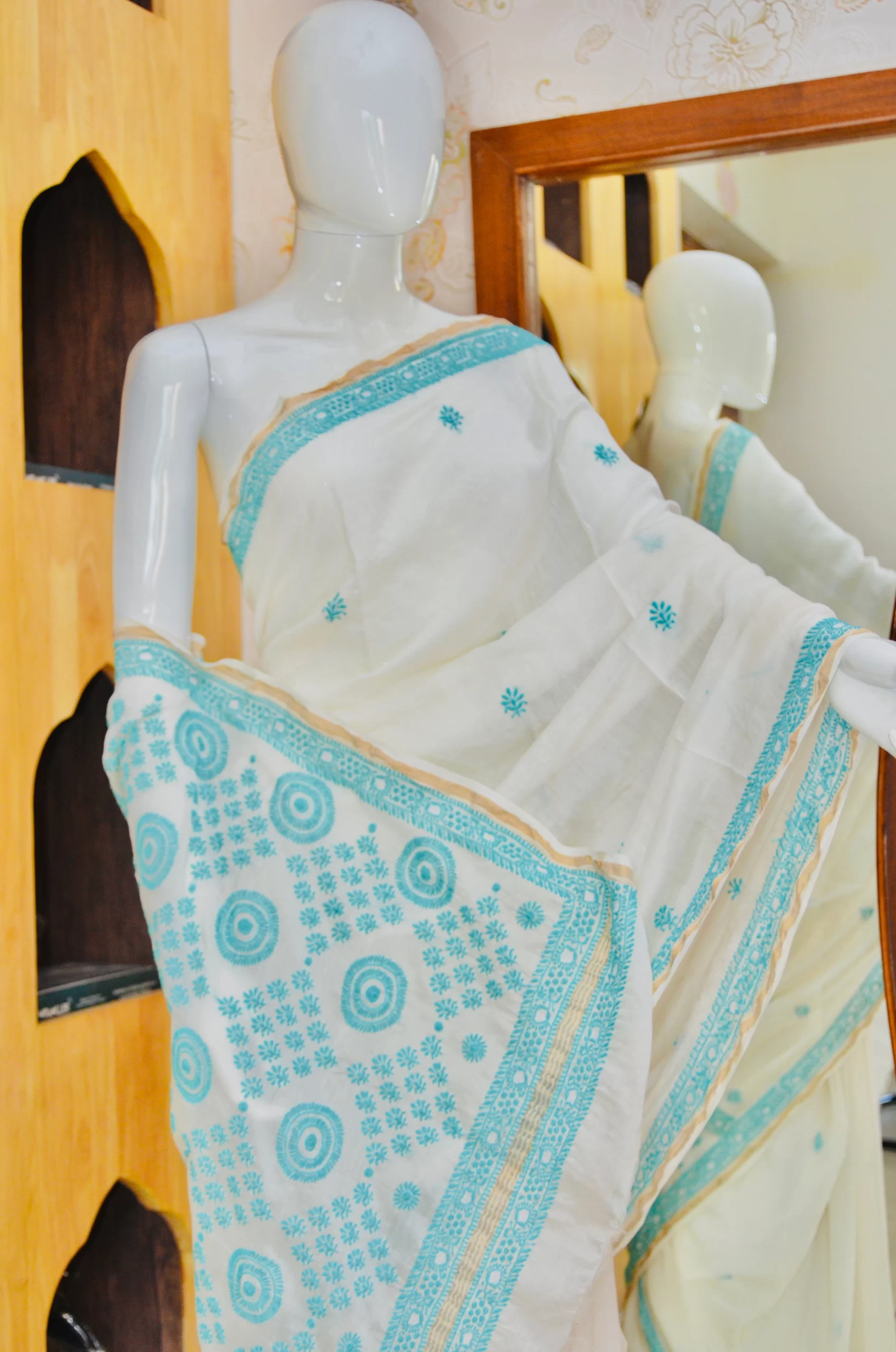 Chanderi Saree White & Ocean Blue