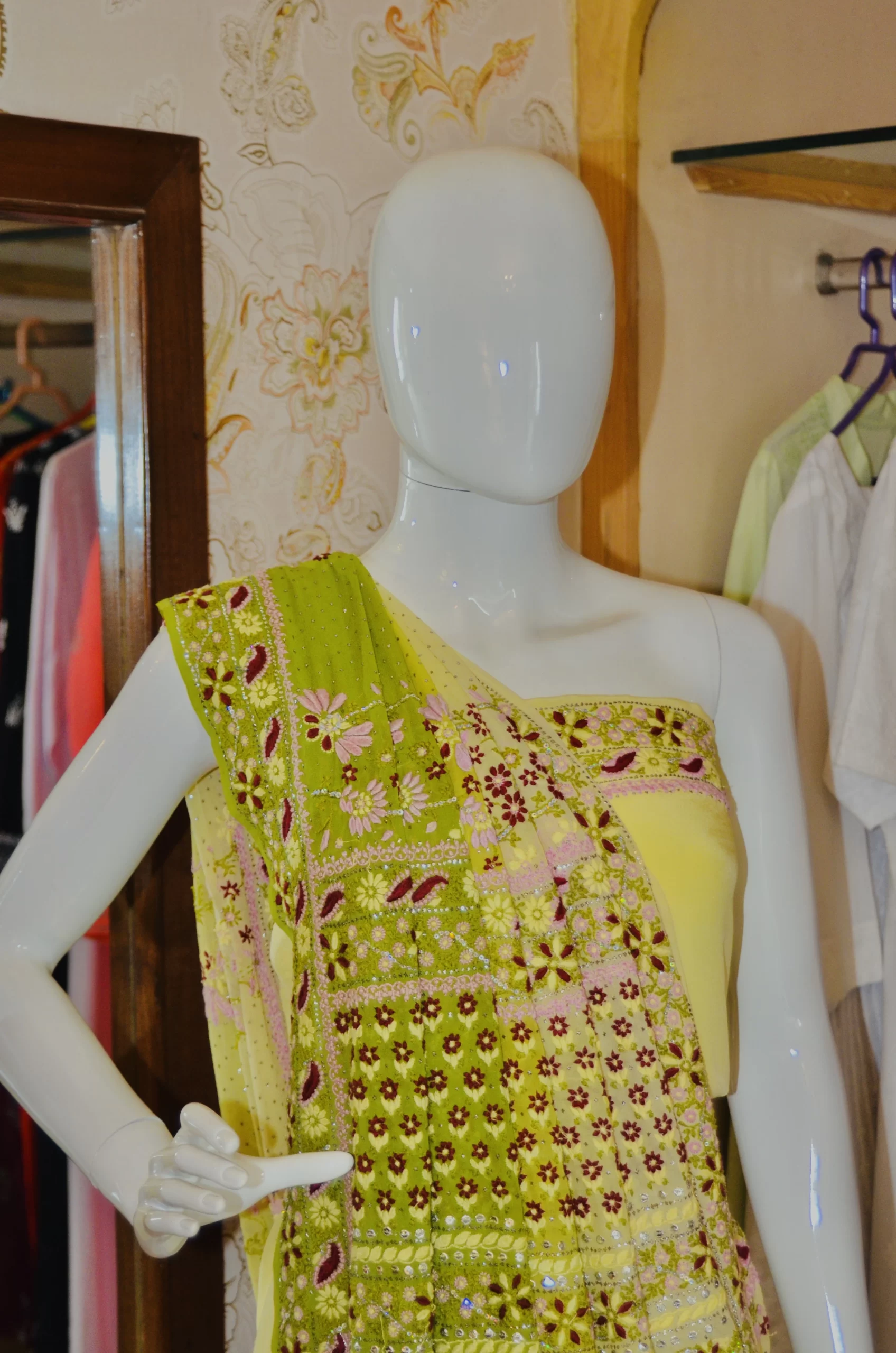 Saree Georgette Lemon Yellow & Green