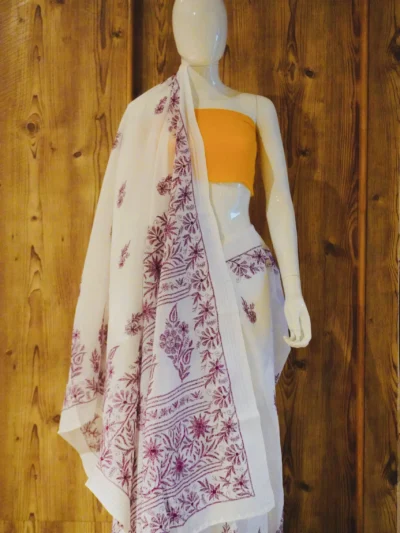 Saree Kota White & Purple Embroidered